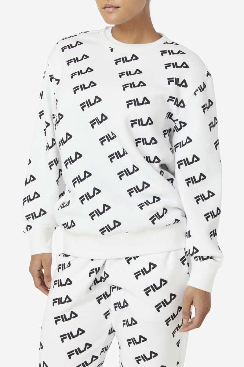 Fila Diagonal Logo Crew Sweatshirts Dame Hvide Sort | 537-ISNZRF