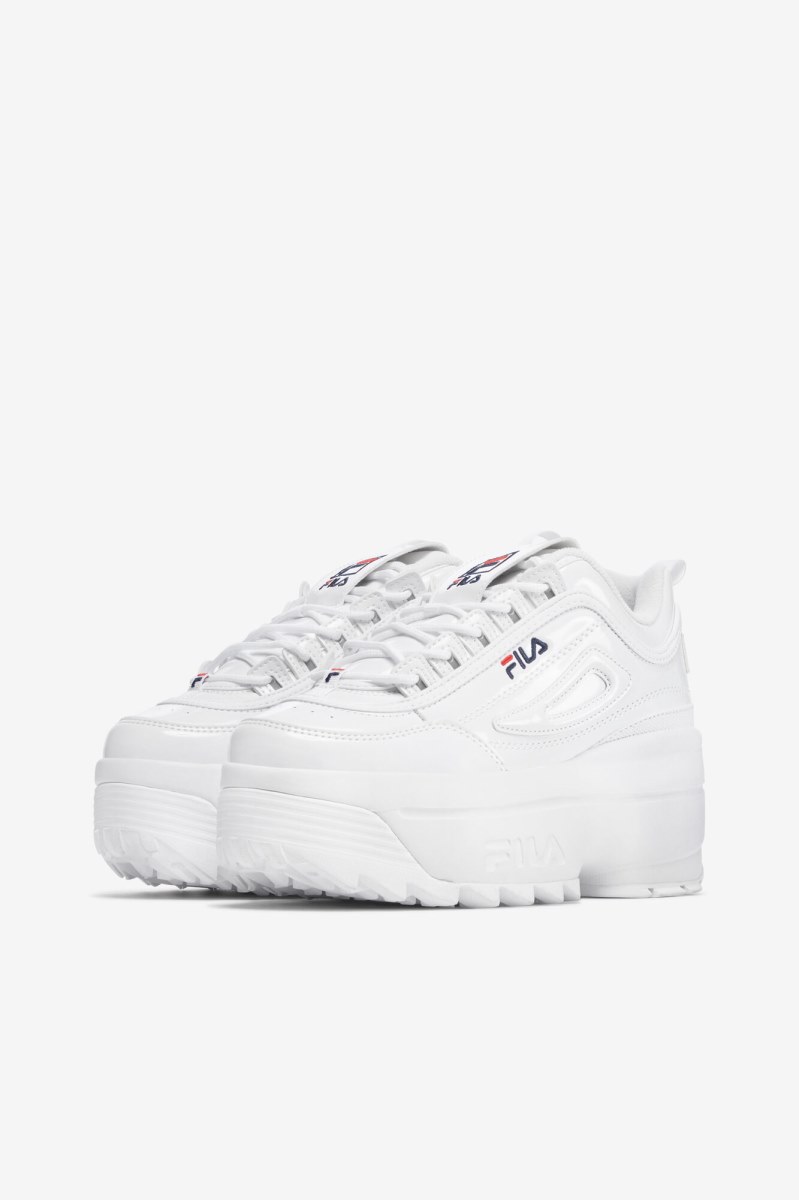 Fila Disruptor 2 Wedge Lak Sneakers Dame Hvide Mørkeblå Rød | 937-OYERKZ