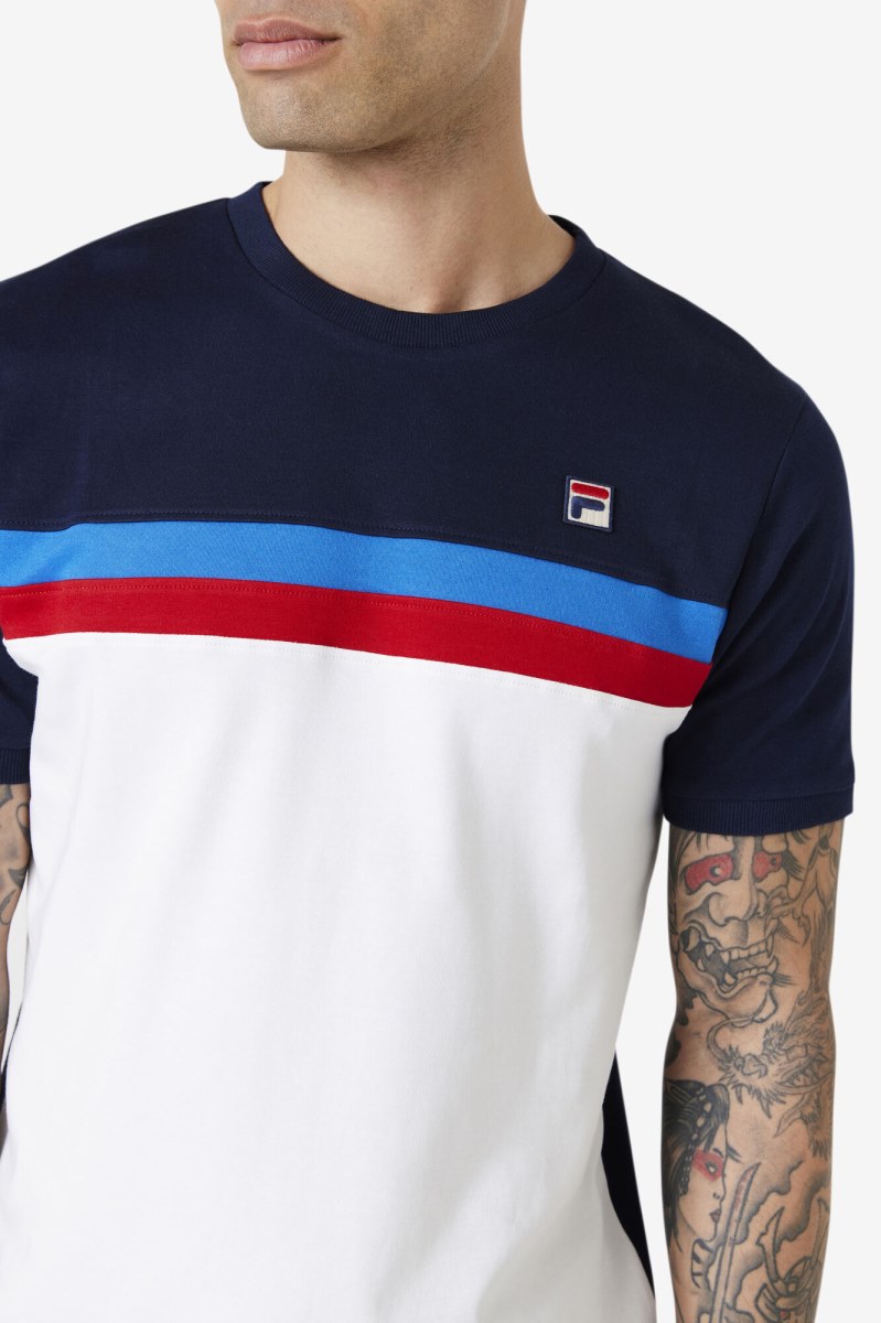 Fila Exempt Crew T Shirts Herre Hvide Mørkeblå Blå Rød | 473-HRBLEY