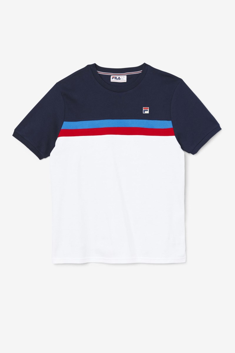 Fila Exempt Crew T Shirts Herre Hvide Mørkeblå Blå Rød | 473-HRBLEY