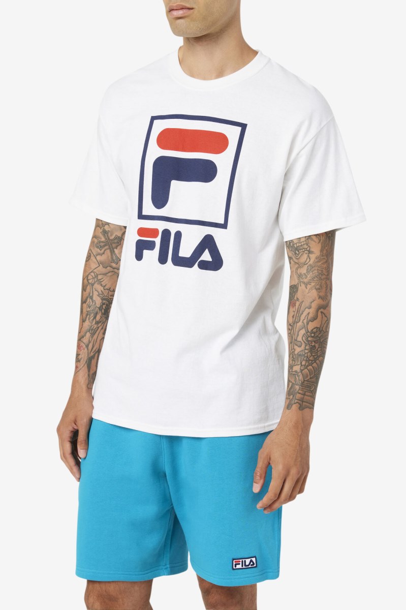 Fila Stacked T Shirts Herre Hvide Mørkeblå Rød | 752-WPCSYO