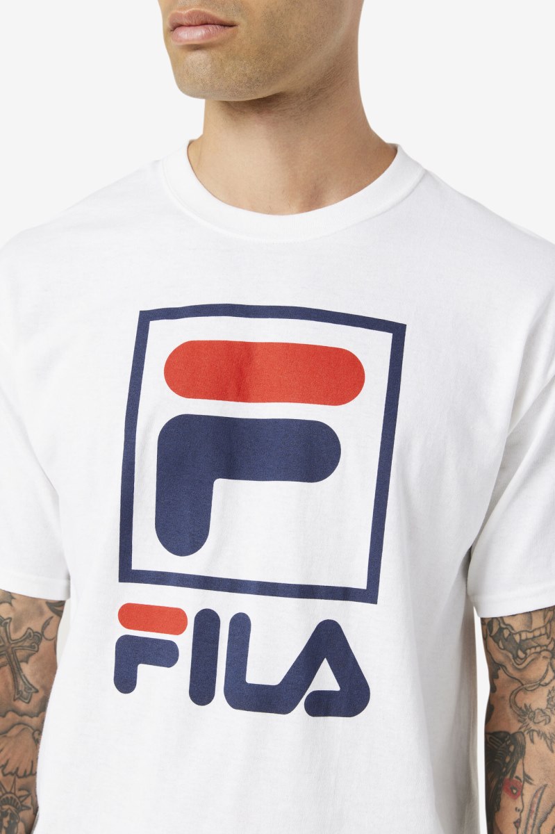 Fila Stacked T Shirts Herre Hvide Mørkeblå Rød | 752-WPCSYO