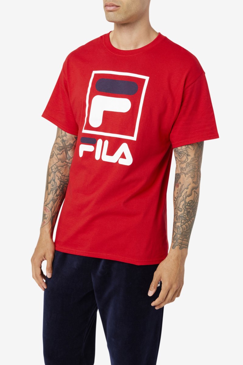 Fila Stacked T Shirts Herre Rød Hvide Mørkeblå | 710-LMXQRG